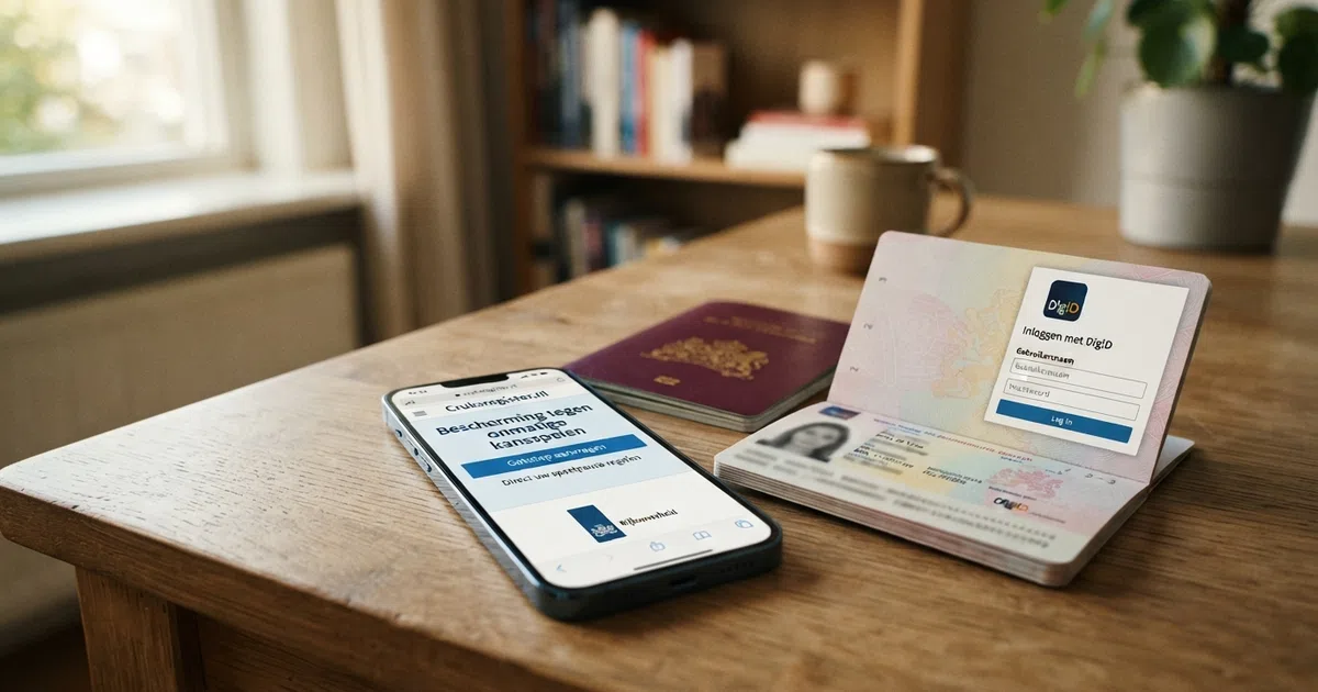 Een smartphone met daarop de homepage van Cruksregister.nl, naast een Nederlands paspoort met DigiD-login zichtbaar op het scherm