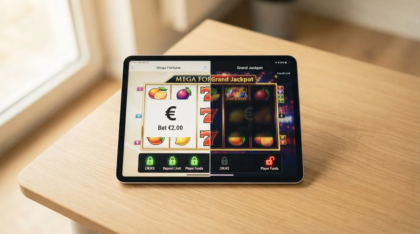 Een gesplitst beeld: links een Ksa-gecertificeerd casino-interface met slotjes op CRUKS, limiet en saldoscheiding; rechts een anoniem casino-interface waar dezelfde drie slotjes openstaan of ontbreken.