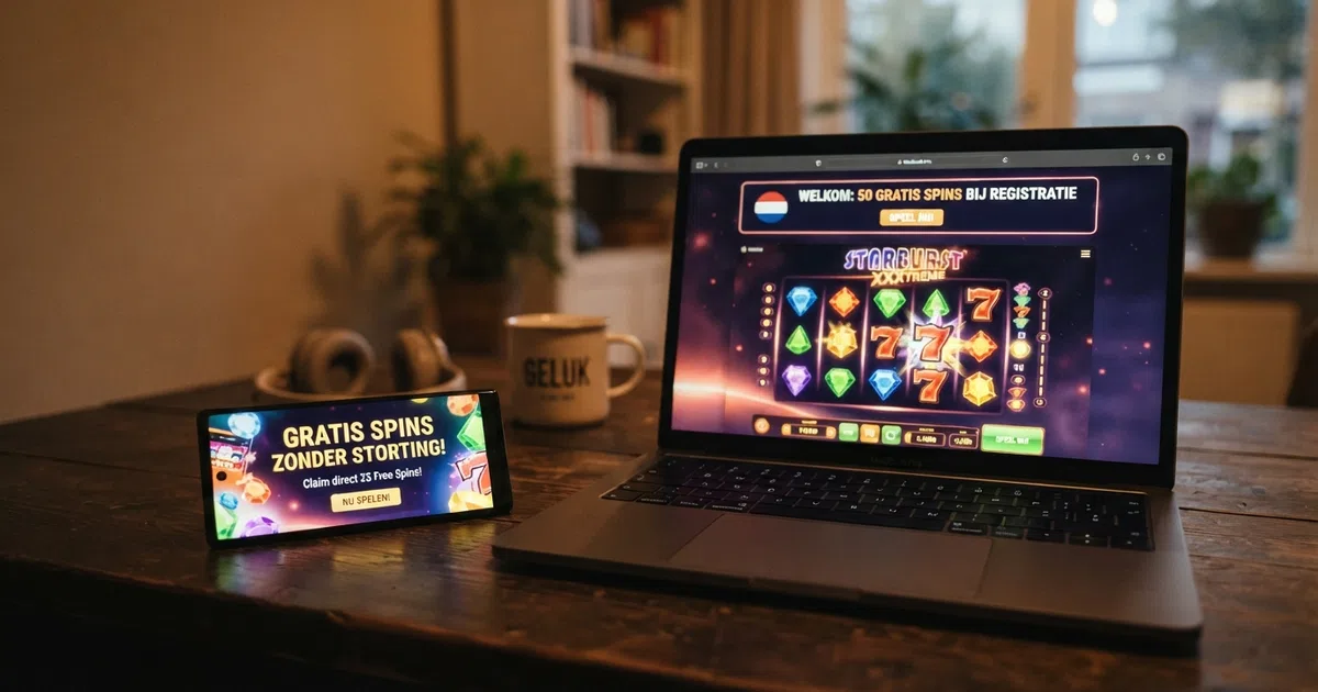 Een smartphone en laptop tonen een Nederlands online casino met een gratis spins zonder storting aanbieding op het scherm
