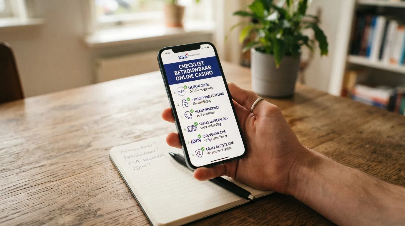 Een visuele checklist met zes iconen: een vergunningstempel, een slot voor encryptie, een telefoon voor klantenservice, een uitbetalingspictogram, een iDIN-logo en een Cruks-schild.
