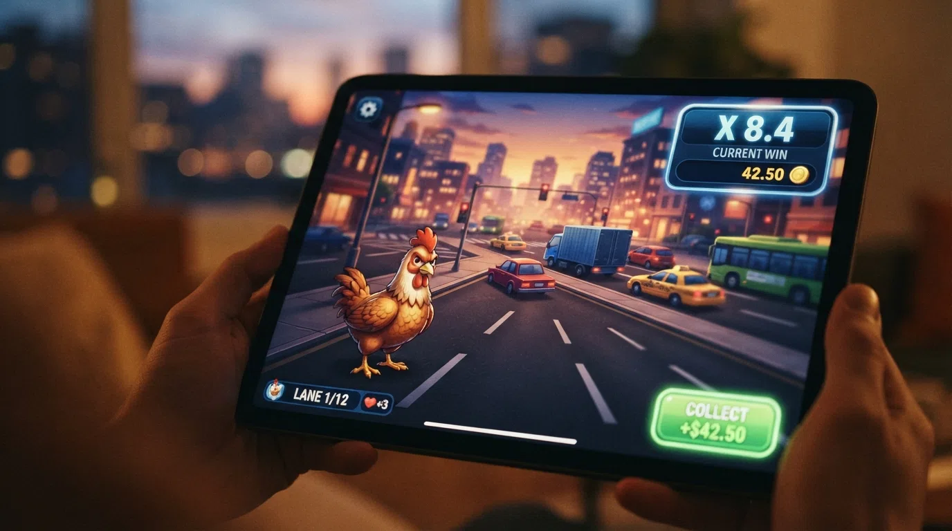 De spelinterface van Chicken Road 2 met vernieuwde graphics en extra interface-elementen ten opzichte van het originele spel