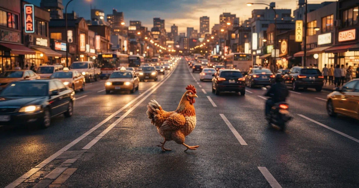 De spelinterface van Chicken Road met een cartoonkip die een weg met meerdere rijbanen oversteekt terwijl auto's van links en rechts voorbijrijden