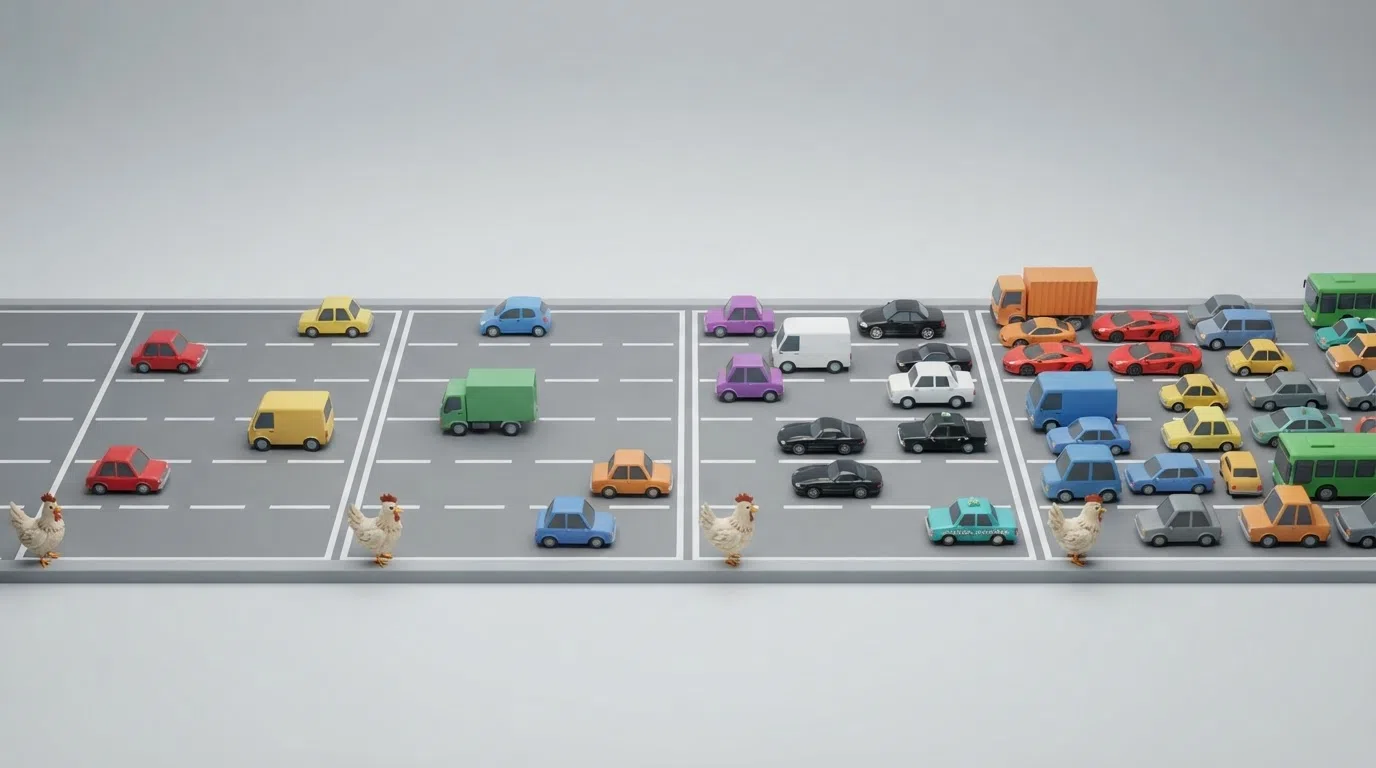Overzicht van de vier moeilijkheidsgraden in Chicken Road met oplopend aantal auto's per rijbaan van Easy tot Hardcore