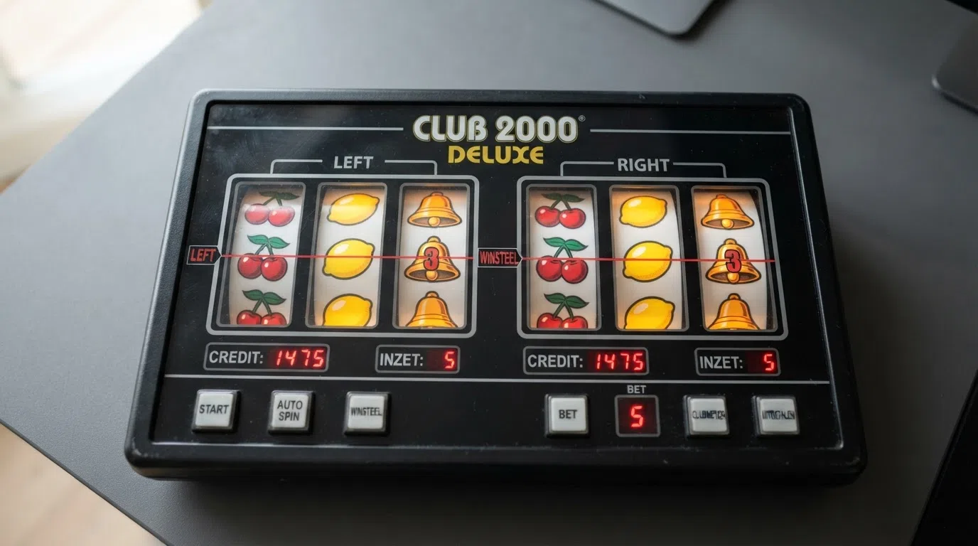 Close-up van de twee rollensets van Club 2000 Deluxe met de klassieke fruitsymbolen — kersen, citroenen en bellen — op de winlijn