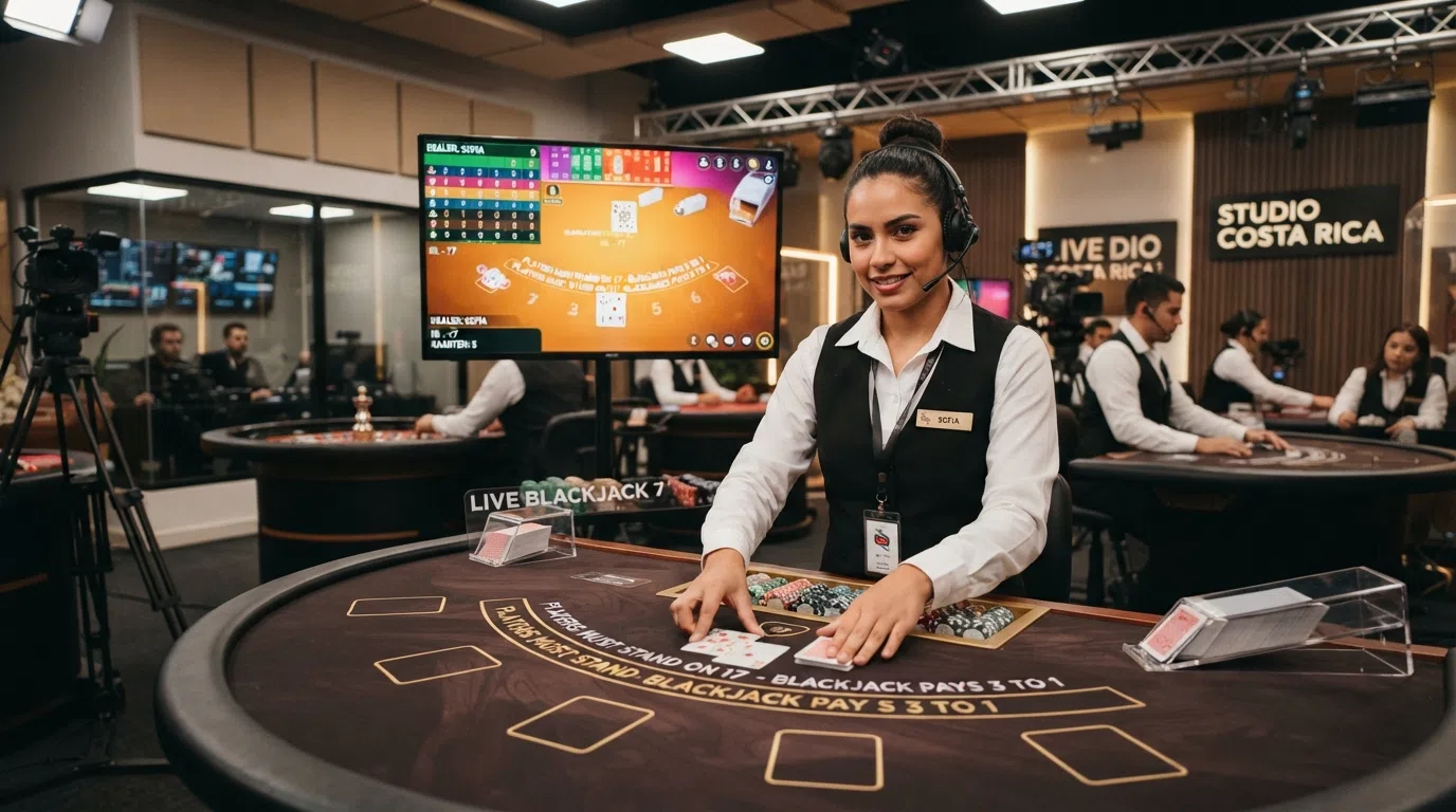 Een live-dealerstudio met croupiers aan speeltafels, camera's en monitors — de setting van een Costa Rica-gebaseerde live-casinoprovider