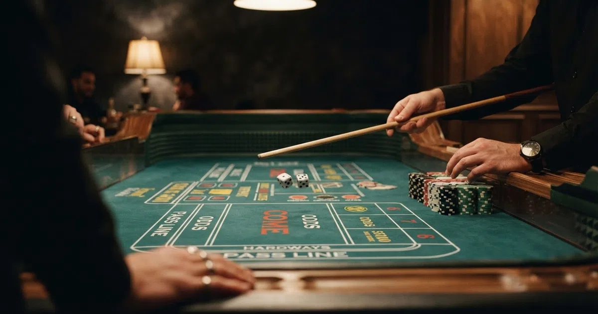 Twee dobbelstenen op een groene craps-tafel, een stapel fiches naast de pass line, close-up vanuit spelersperspectief