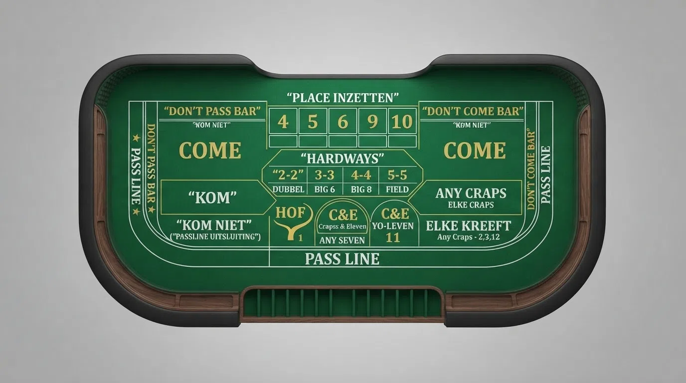 Schematische bovenaanzicht van de craps-tafel met elk inzetvak gelabeld: pass line, don't pass bar, come, field, place bets, hardways