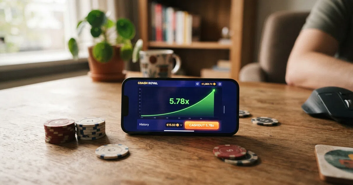 Een stijgende multiplier-grafiek op het scherm van een online crash game, met de cashout-knop in beeld