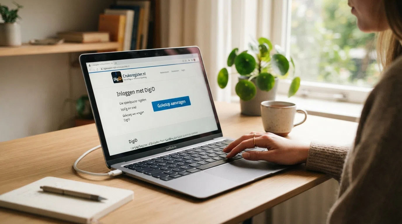 Een laptopscherm met het DigiD-inlogscherm en de knop “Gokstop aanvragen” op Cruksregister.nl in beeld