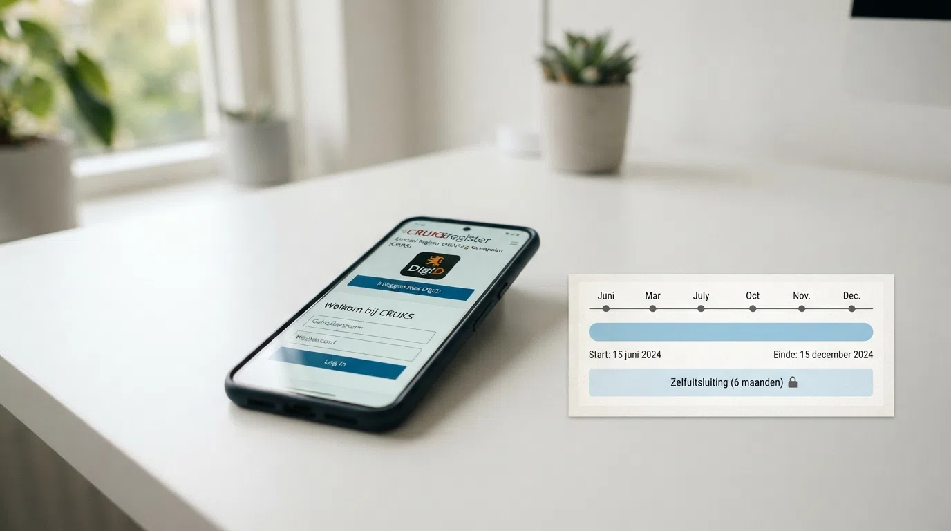 Een smartphone toont de inlogpagina van cruksregister.nl met het DigiD-logo; ernaast een kalenderblad met “6 maanden” gearceerd