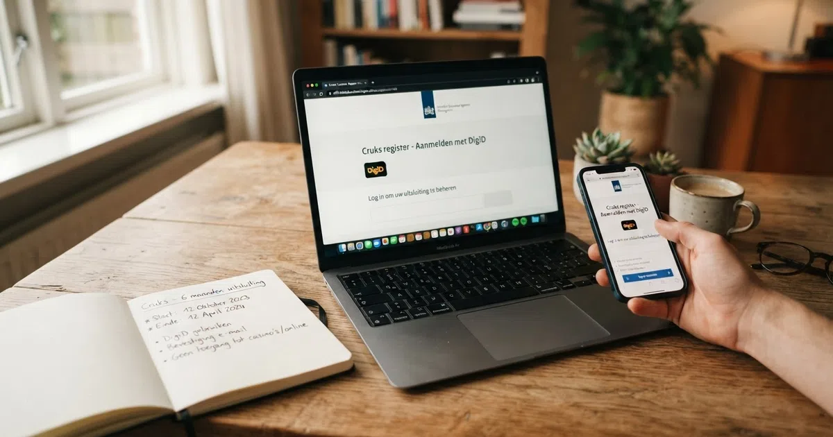 Een smartphone en laptop tonen de inlogpagina van het officiële Cruks-register met het DigiD-logo, daarnaast een kalender met een omcirkelde datum zes maanden vooruit