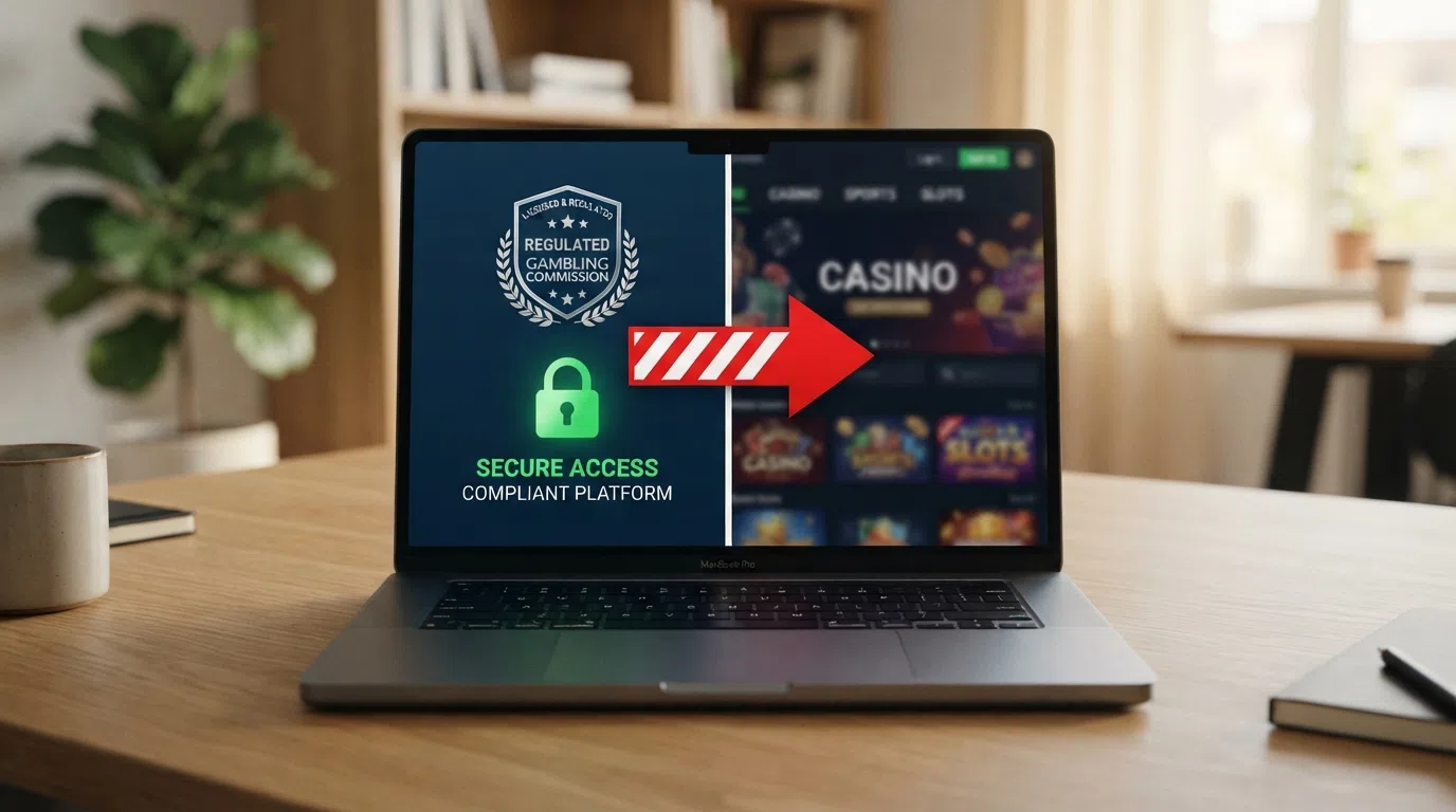 Een splitscreen: links het KSA-logo met een groen slot-icoon, rechts een vaag silhouet van een website zonder keurmerk, verbonden door een geblokkeerde pijl