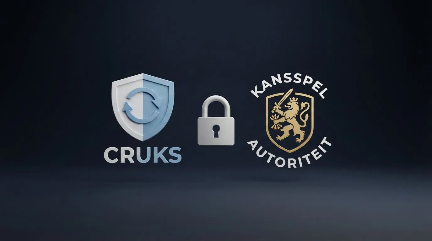 Het officiële Cruks-logo naast het Kansspelautoriteit-embleem op een donkere achtergrond, met een slot-icoon dat de verplichte koppeling symboliseert.
