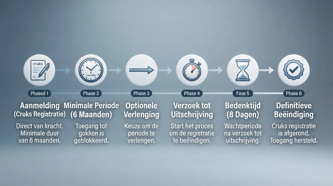 Een visuele tijdlijn die de zes fasen van een Cruks-gokstop laat zien: van aanmelding (direct actief) via de zesmaandengrens en de bedenktijd van 8 dagen tot de definitieve beëindiging