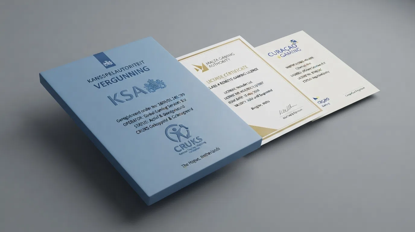 Drie vergunningsdocumenten naast elkaar: een KSA-keurmerk, een MGA-certificaat en een Curaçaose eGaming-licentie — met het Nederlandse Cruks-logo dat alleen aan de KSA-kant is aangesloten
