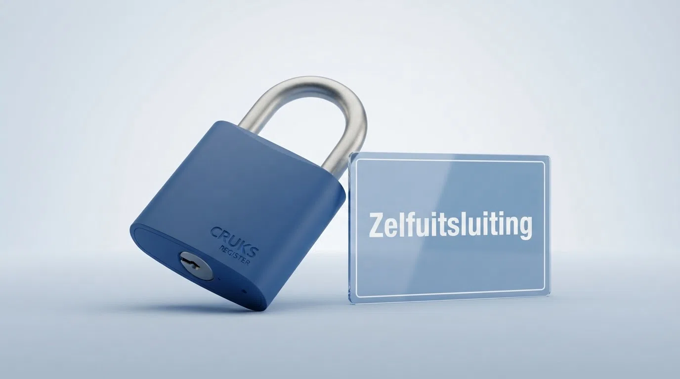 een scherm met een hangslot-icoon en de Nederlandse vlag naast de tekst “zelfuitsluiting”