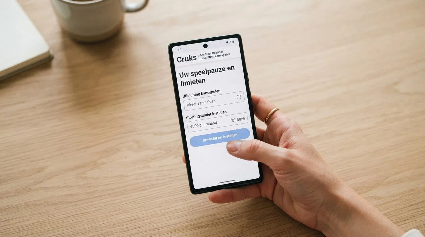 Een smartphone met de Cruks-inschrijfpagina en daaronder de knoppen voor stortingslimiet en zelftest.