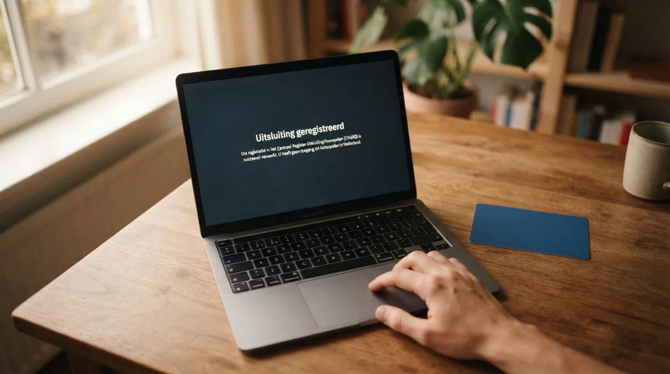Een laptopscherm met een CRUKS-melding en ernaast een Nederlands identiteitsbewijs