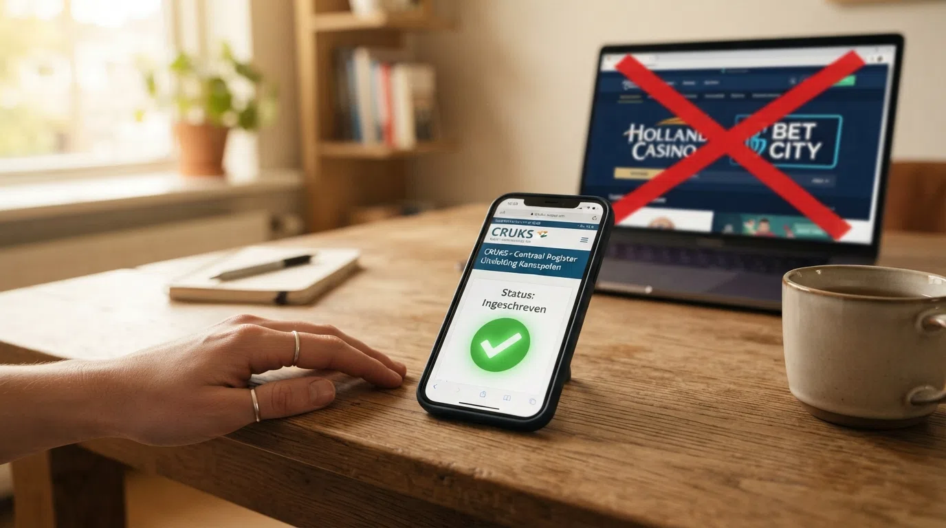 Een smartphone toont het CRUKS-registratiescherm met een vinkje bij 'ingeschreven', op de achtergrond een doorgestreept casino-logo