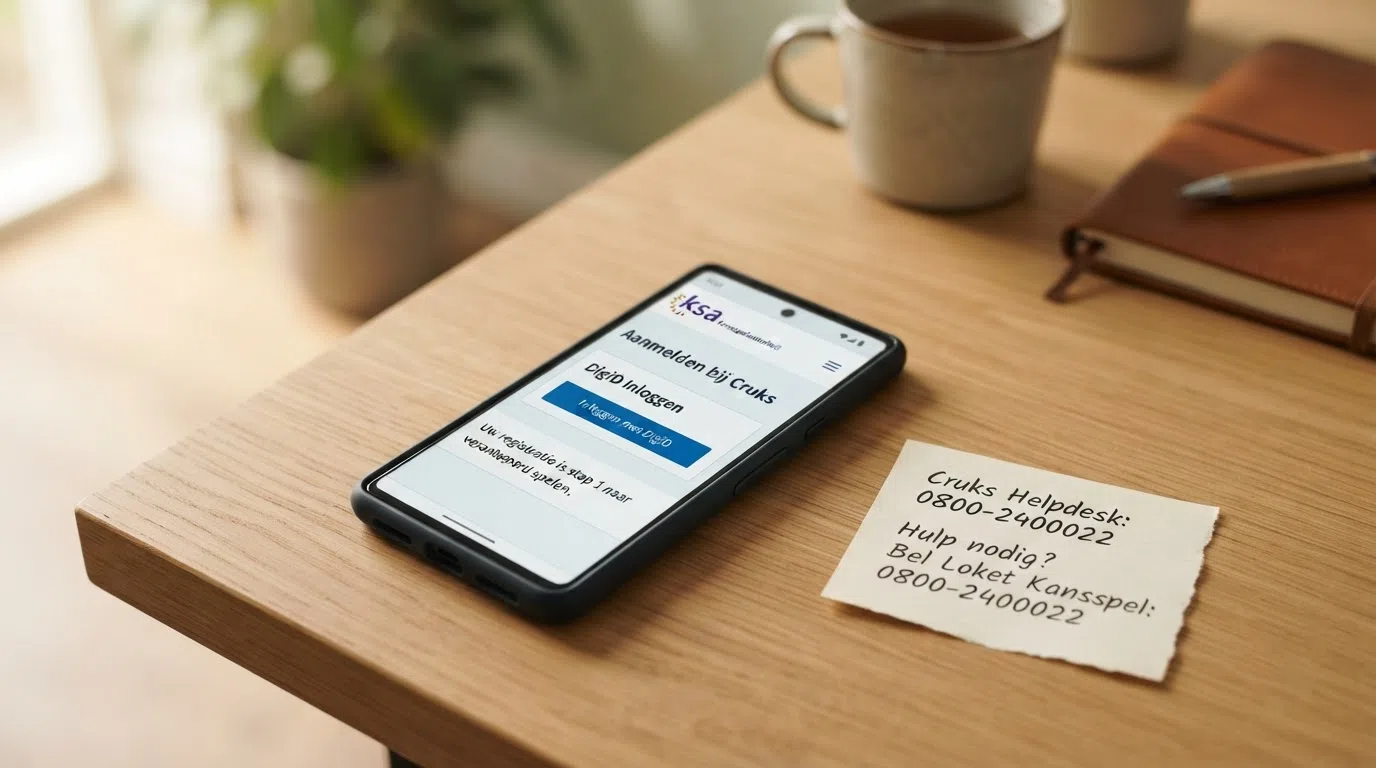 Een smartphone met de Cruks-inschrijfpagina geopend, naast een papiertje met hulpnummers