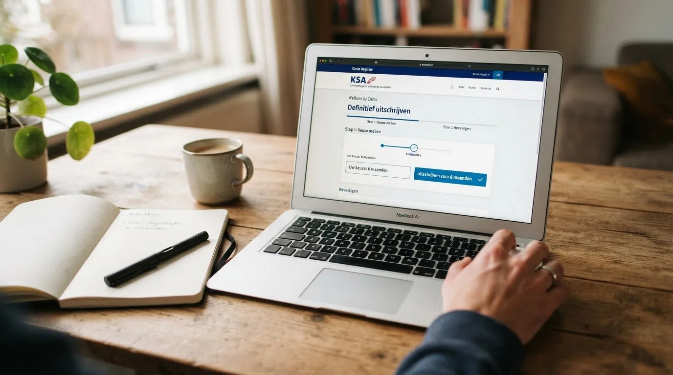 Een laptopscherm met de CRUKS-registratiepagina van de KSA, met een hand die een vinkje zet bij “uitschrijven voor 6 maanden” en een kalender in beeld