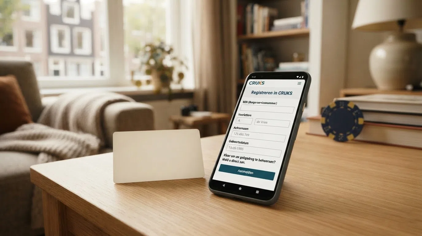 Een Nederlandse identiteitskaart naast een scherm met het CRUKS-registratieformulier en een slot dat vergrendeld wordt