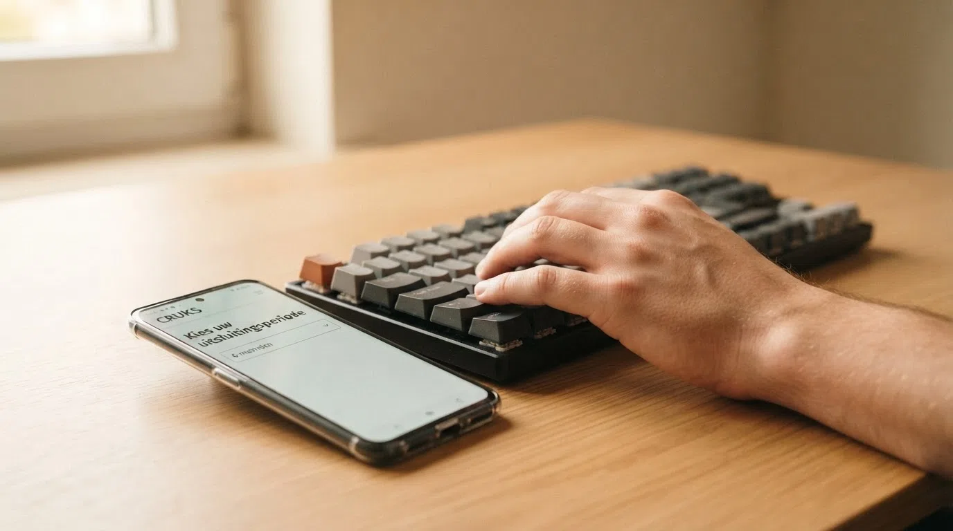 Een close-up van een toetsenbord met daarnaast een smartphone die de CRUKS-inschrijfpagina toont, met de tekst “Kies uw uitsluitingsperiode” en een dropdownmenu met “6 maanden” geselecteerd