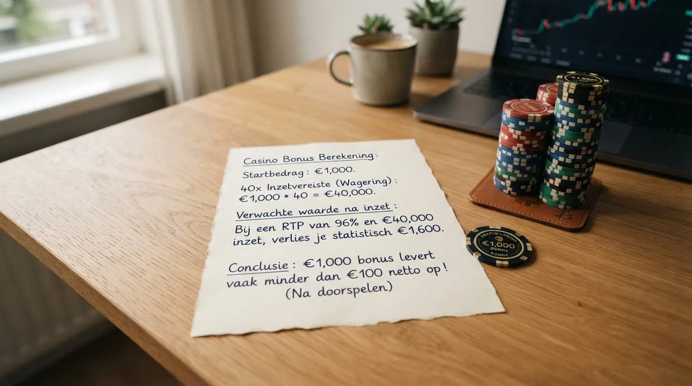 Een uitvergroot bonusbedrag in cijfers, met daarnaast een rekensom die hetzelfde bedrag na 40x inzetvereiste tot een fractie ziet slinken