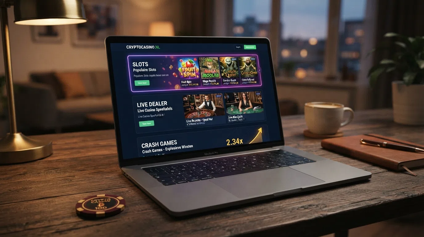 Een schermopname van een crypto casino-spellobby met drie secties: slots, live dealer, en crash games, met een highlight op een crash-game-grafiek