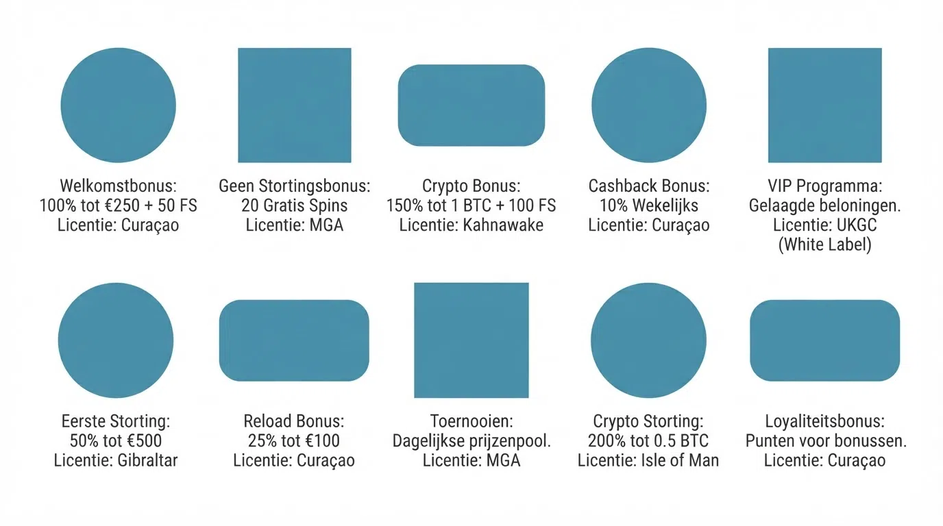 Tien casinologo's in een raster, elk met een korte kenmerkregel over bonus en licentie eronder
