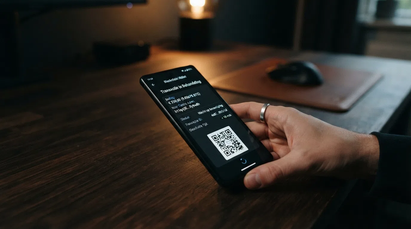 Een visuele weergave van een crypto-transactie van een non-custodial wallet naar een casino-stortingsadres, met het transactie-ID en bevestigingsstatus