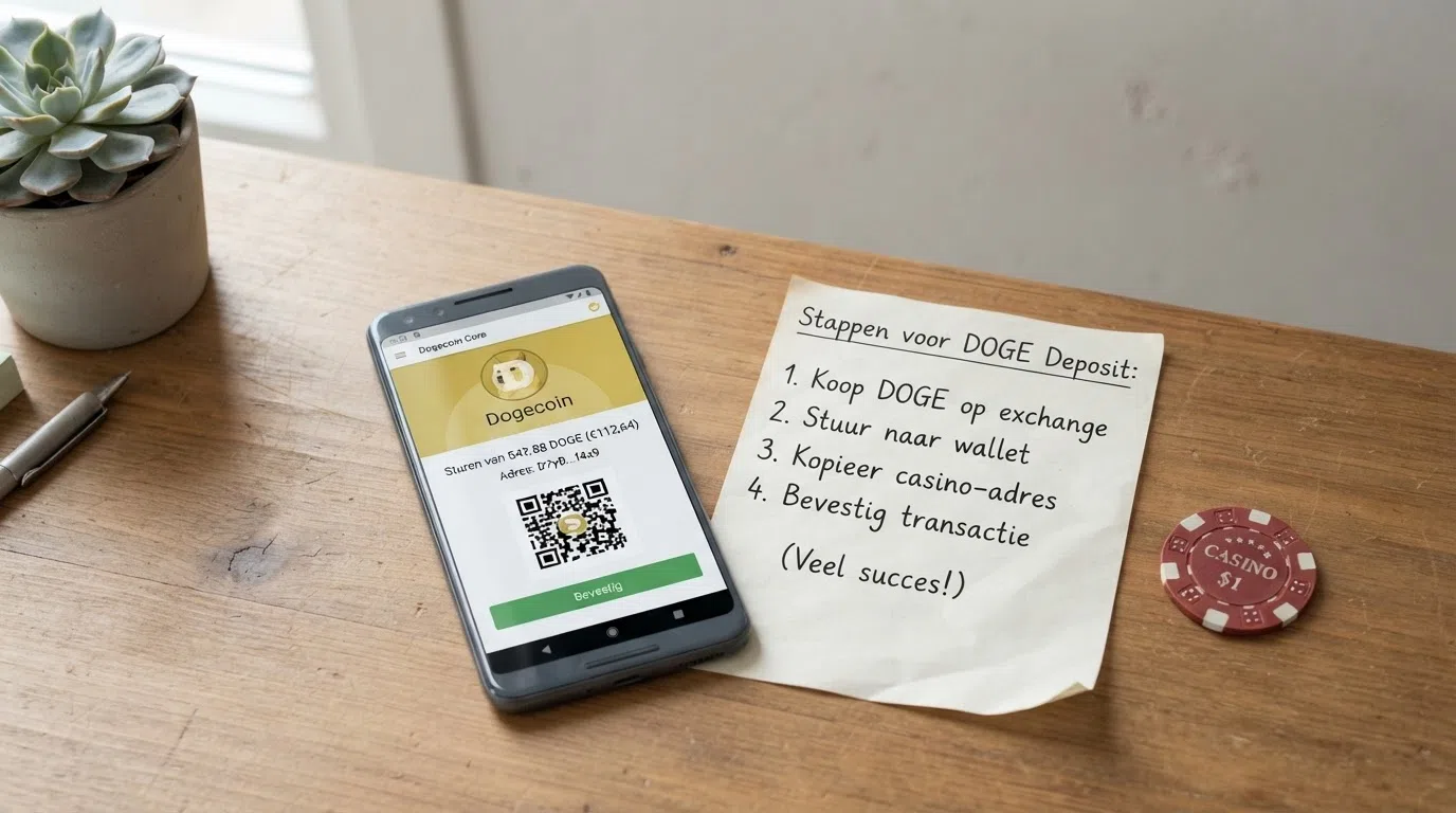 Een visueel stappenplan van een crypto-wallet naar een casino-stortingsscherm, met het Dogecoin-netwerklogo en bevestigingsinformatie
