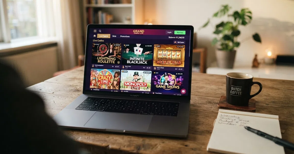 Een online casinolobby met speeltafels op een laptopscreen