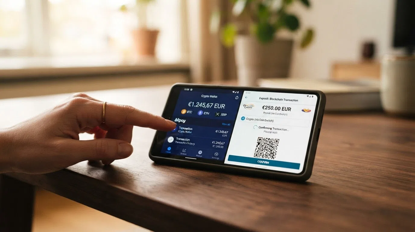 Een smartphone met een crypto wallet-app en een casino-stortingsscherm naast elkaar