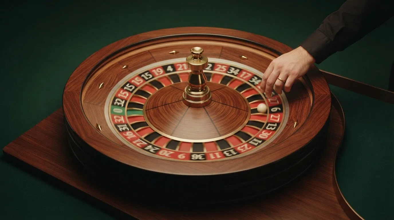 Een close-up van een live-roulettewiel in een studio-setting met de croupier die de bal loslaat, het Europese wiel met één nul duidelijk zichtbaar