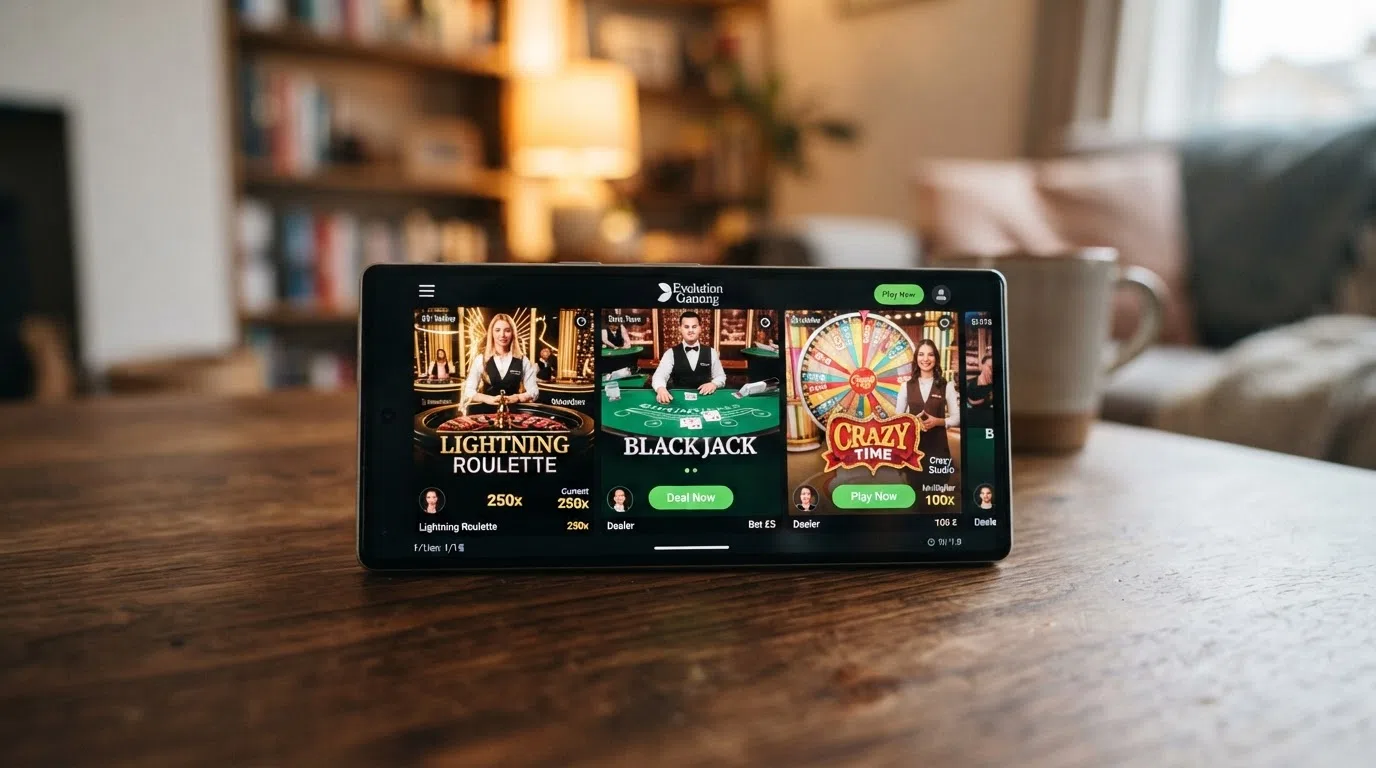 Een Nederlands online casino-scherm met het Evolution Gaming-spelmenu, waarin live roulette, blackjack en Crazy Time naast elkaar zichtbaar zijn