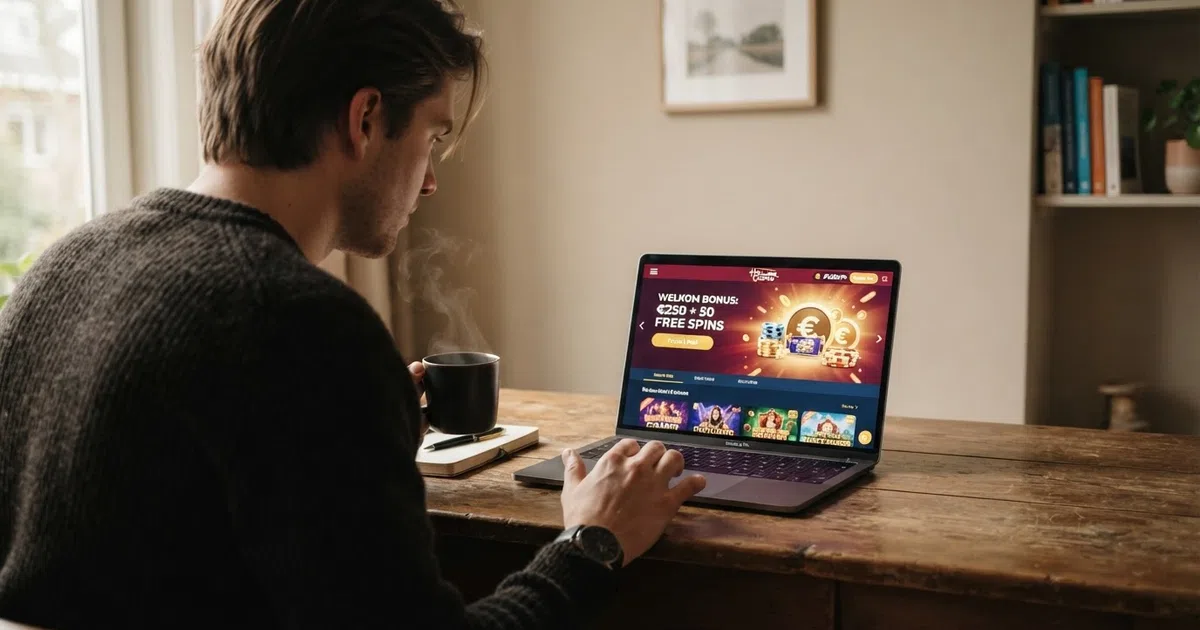 Een Nederlandse speler bekijkt exclusieve bonusvoorwaarden op een laptopscherm terwijl hij een koffie vasthoudt