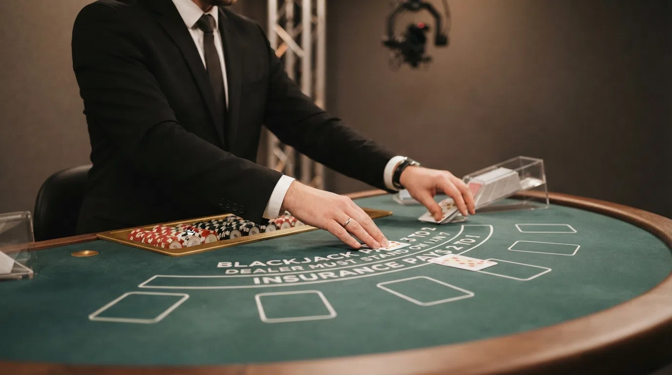 Een live dealer in een Nederlandse studio deelt kaarten uit aan een exclusieve blackjacktafel met zichtbare operatorbranding