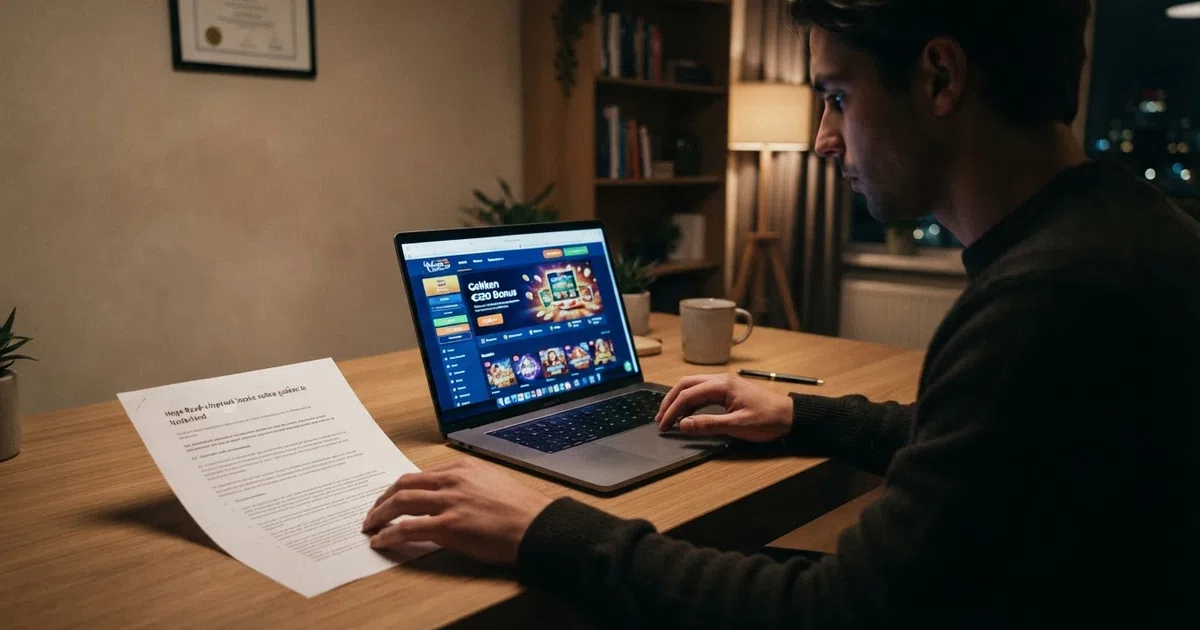 Een Nederlandse speler aan een bureau kijkt naar een laptopscherm met een online casino-interface en een juridisch document ernaast — de spanning tussen gokken en de wet in één beeld