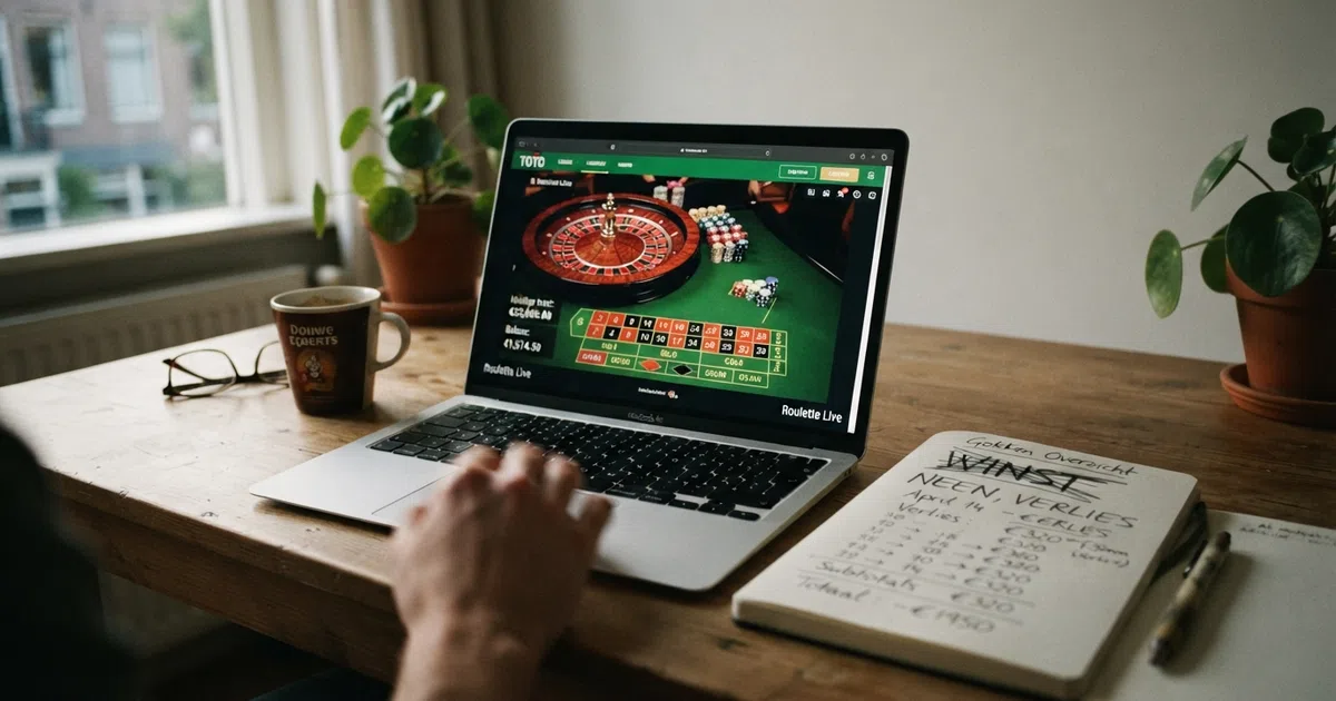 Een close-up van een Nederlands online casino-interface op een laptopscherm, met naast de laptop een notitieblok met optelsommen van verliezen en een doorgestreepte “winst”-aantekening