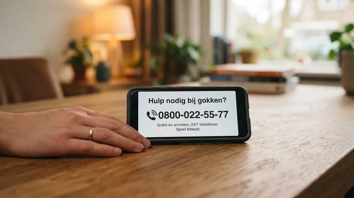 Het telefoonnummer 0800-022-55-77 prominent in beeld, met het logo van de Gokhulplijn en een ondersteunende hand