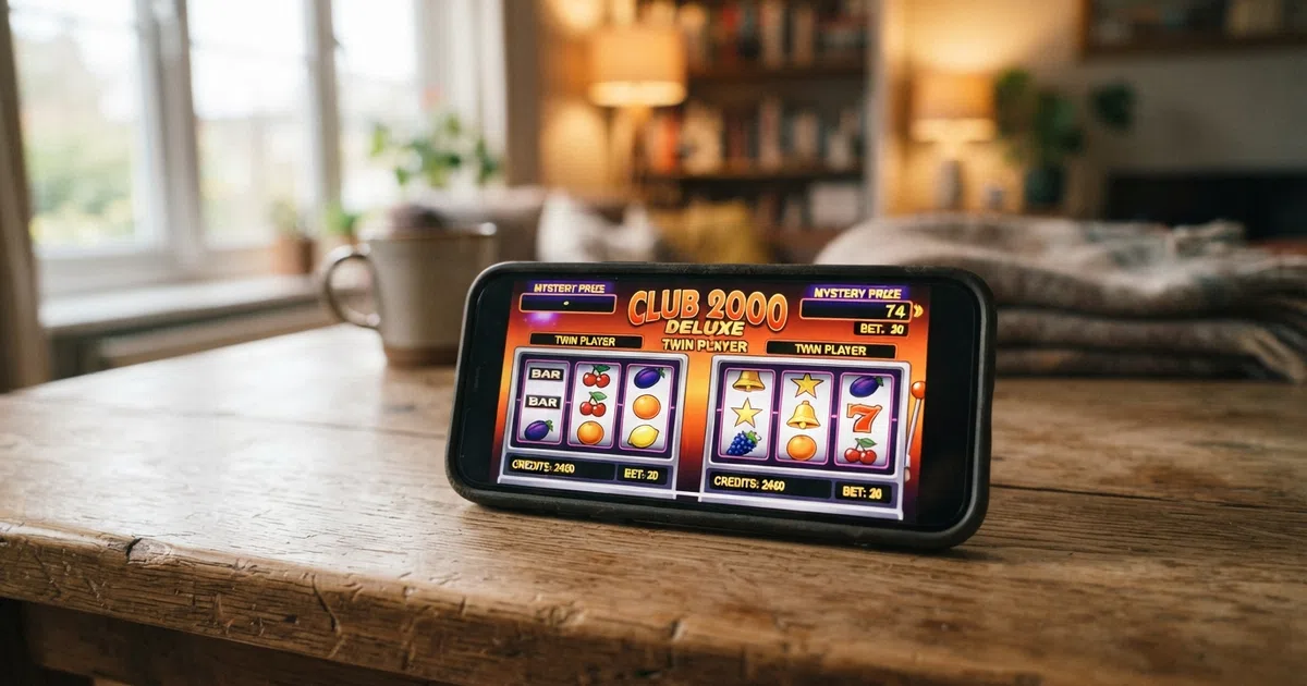 Het Twin Player-scherm van Club 2000 Deluxe met twee keer drie rollen naast elkaar in de demomodus, met de Mystery Prijs-indicator zichtbaar
