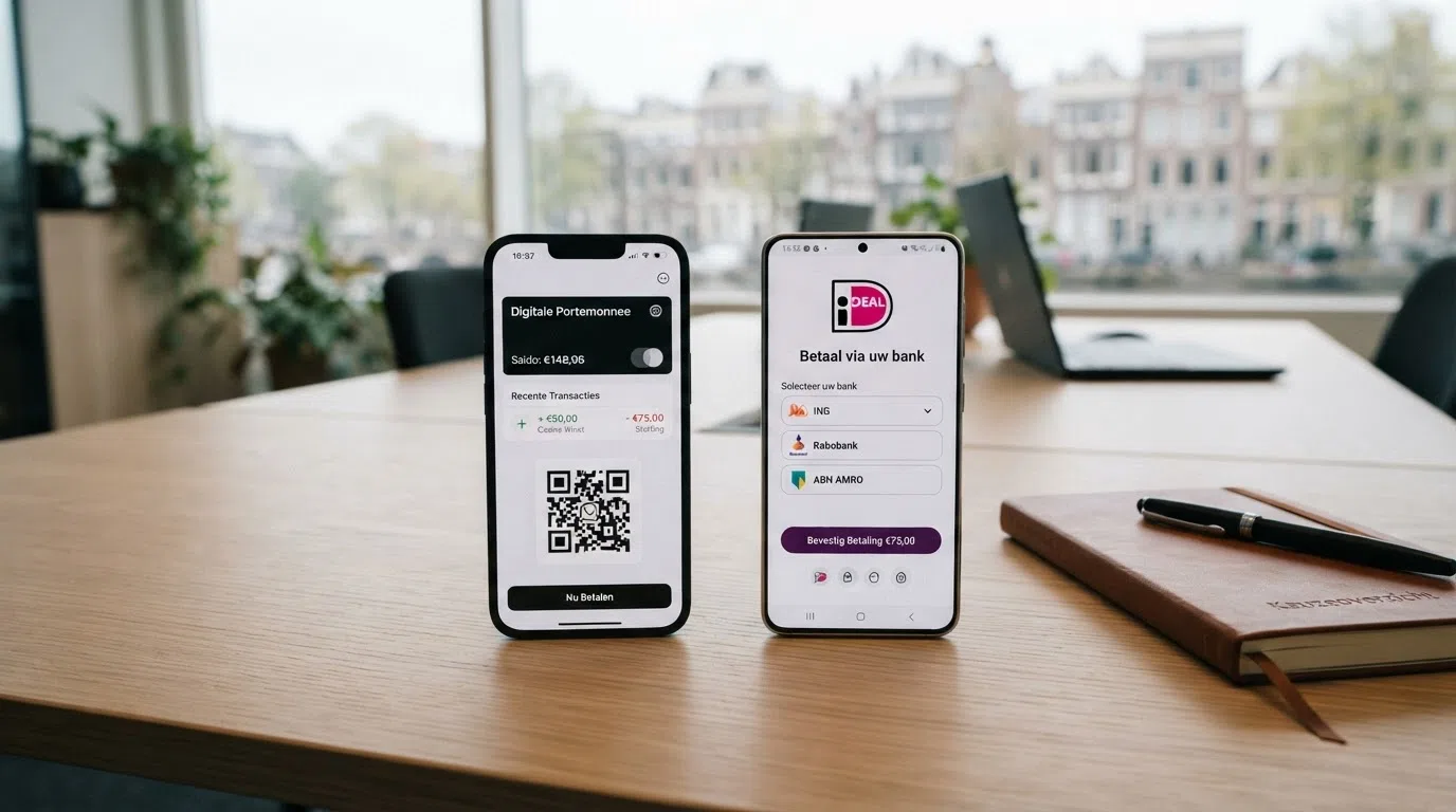 Een split-screen: links het Google Pay-logo op een smartphone, rechts het iDEAL-betaalscherm — beide naast de logo's van de besproken casino's.