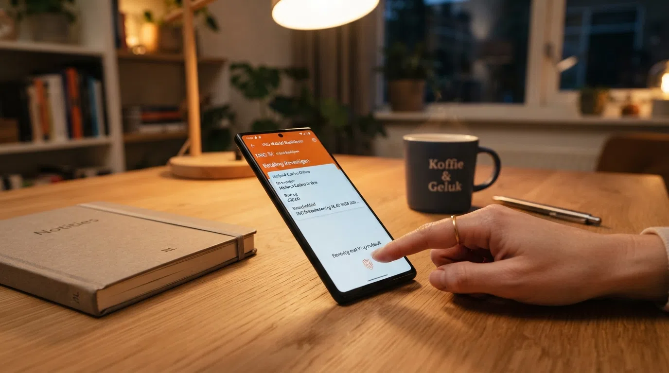 Een stapsgewijze weergave van het stortingsproces: van het openen van de kassapagina tot het bevestigen van de transactie via vingerafdruk.
