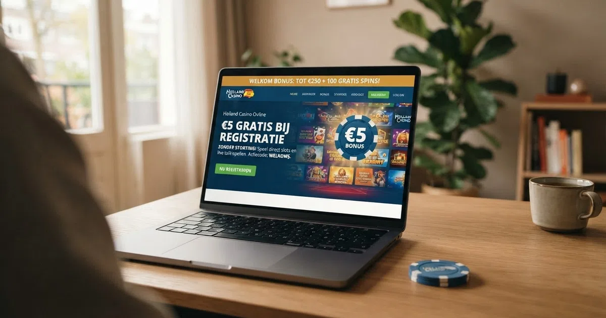Een Nederlandse online casino bonuspagina met een no-deposit welkomstaanbieding op het scherm van een laptop