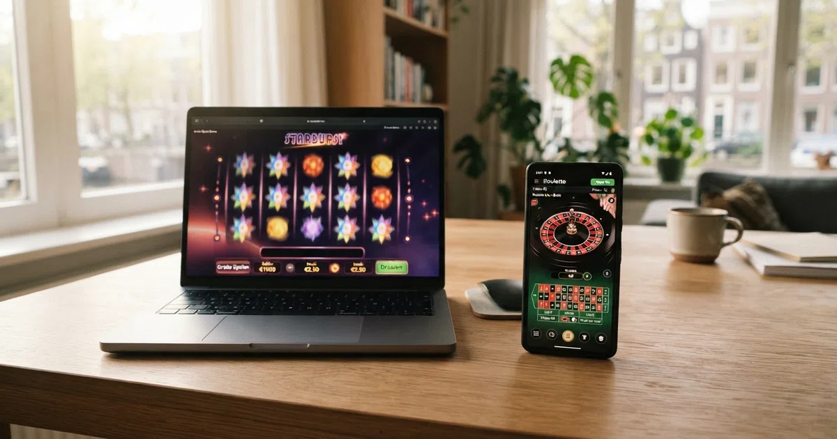 Een laptop en smartphone naast elkaar met daarop gratis casinospellen in demo-modus, met een Nederlandse interface en slot-afbeeldingen