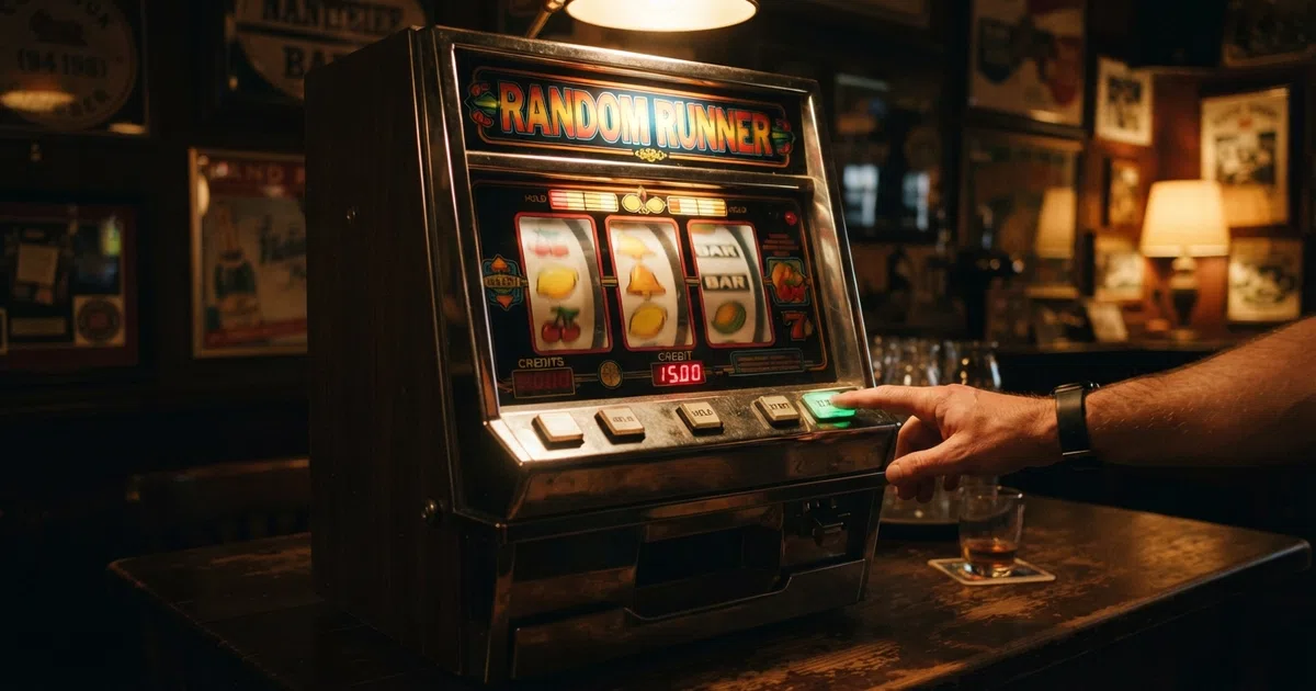 Een klassieke Nederlandse fruitautomaat met fruit-symbolen, bellen en BAR-symbolen op de rollen, in close-up met de kenmerkende fysieke kastbehuizing