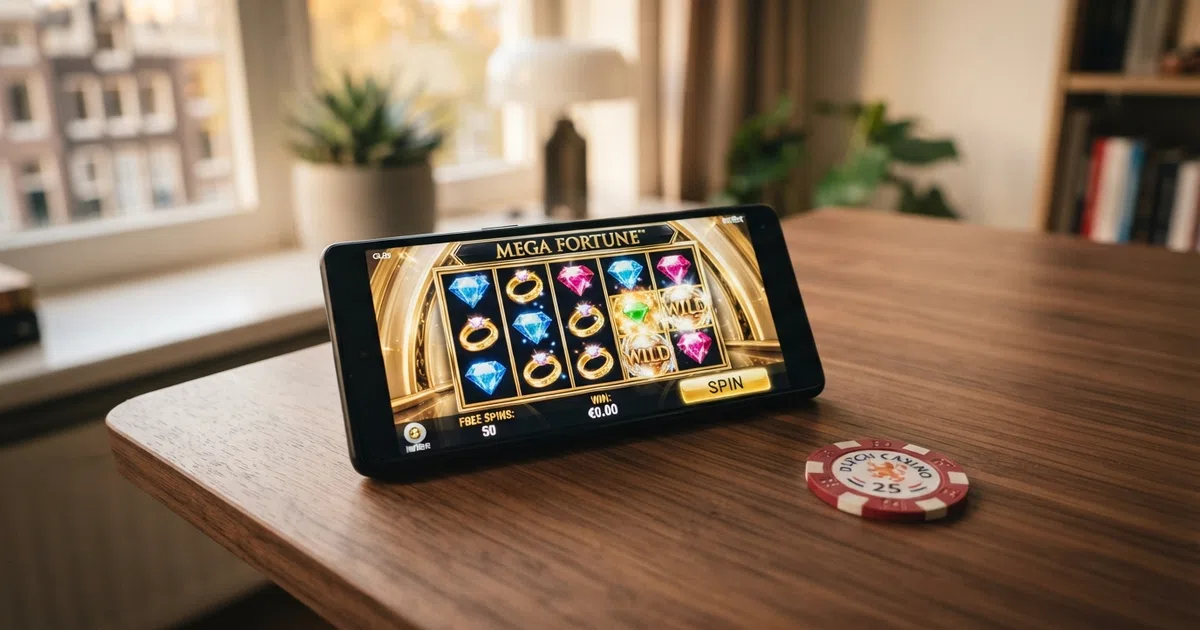 Een smartphone met een Nederlands online casino op het scherm, een slot met draaiende rollen en daarnaast een uitvergroot bonusvoorwaarden-icoon