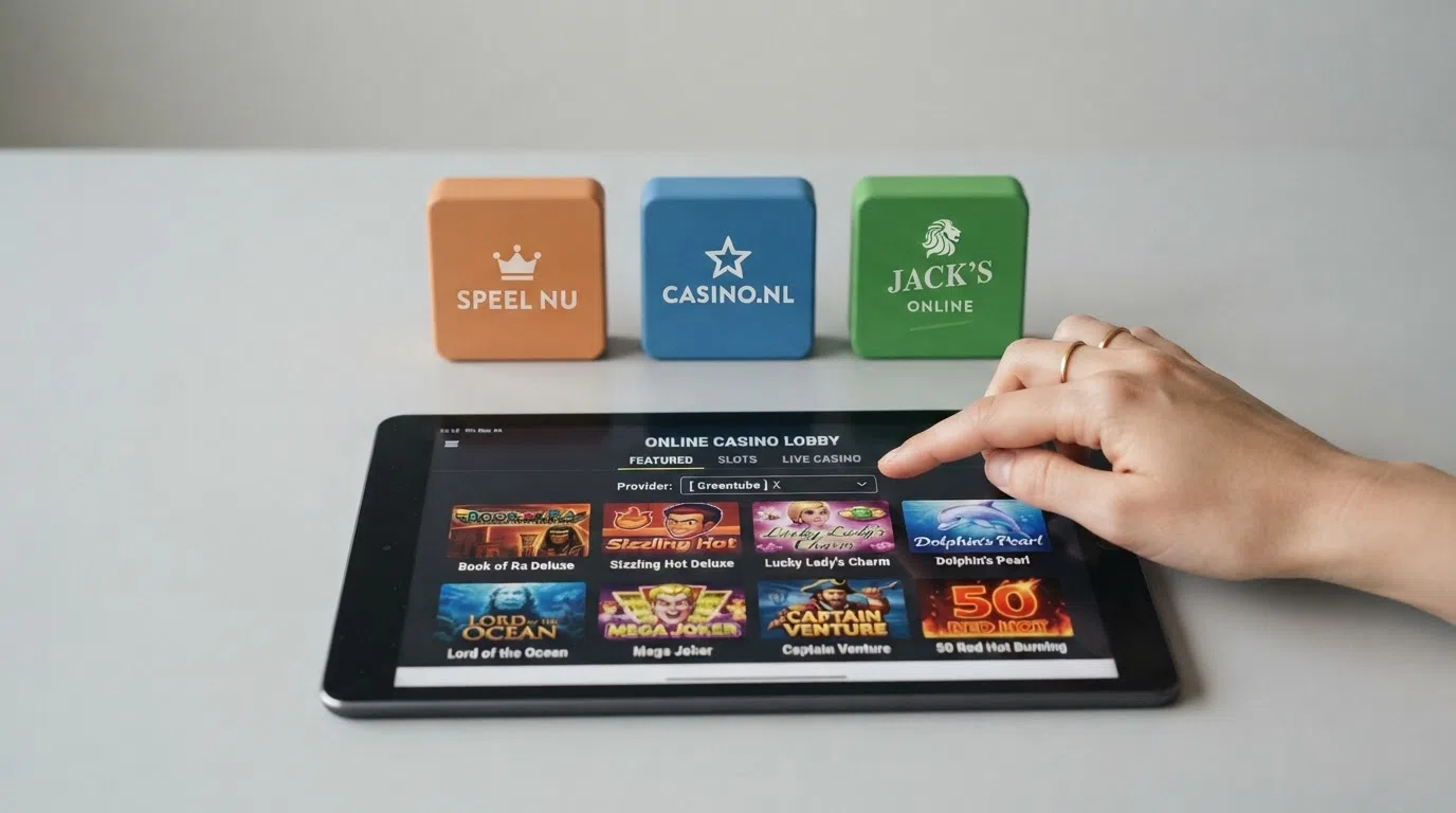 De logo's van drie besproken Nederlandse online casino's met Greentube naast elkaar