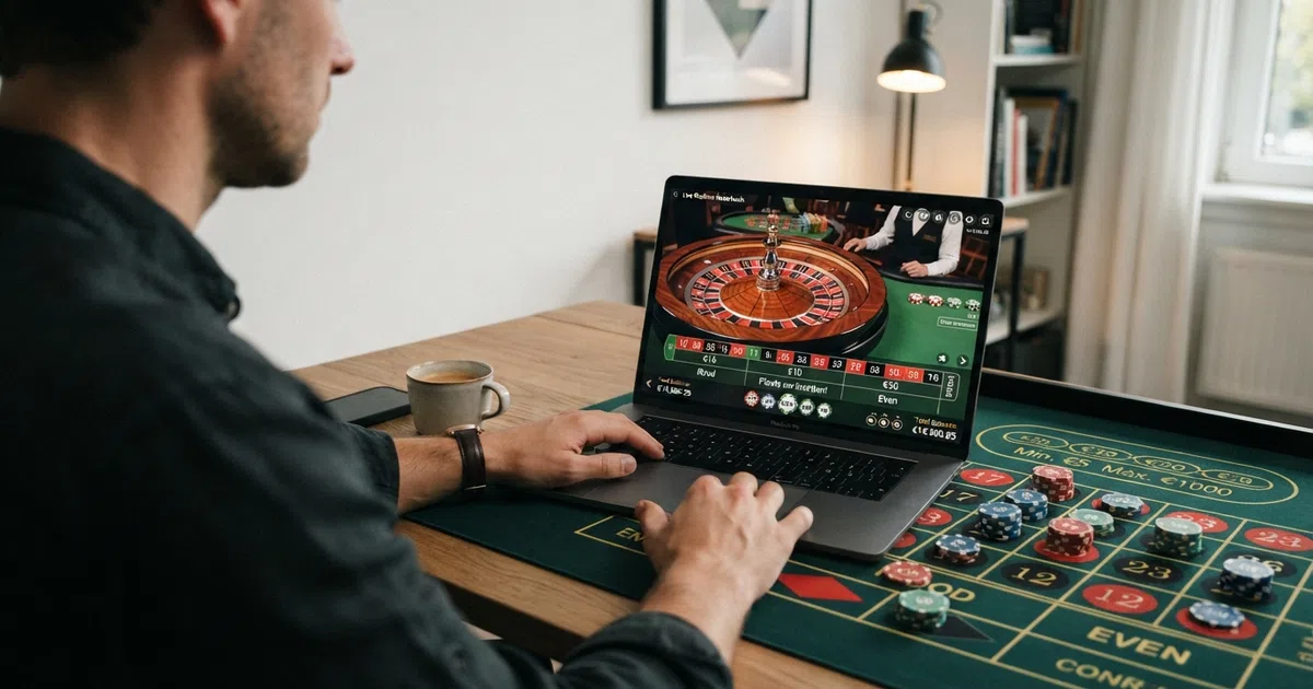 Een live roulette tafel in een online casino met inzetmarkeringen voor hoge bedragen, zichtbaar op een laptopscreen met een Nederlandse interface